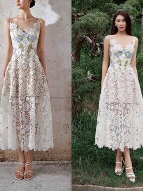 Montsand Lobbster Roses Lace Midi Dress Appliqué Floral White Medium NWT.